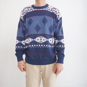 Vintage 90S Tip Top Tailor Navy White Argyle Eclectic Grandpa Crewneck Sweater M